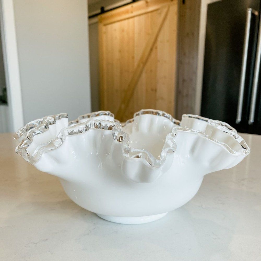 Vintage 1950s Fenton White Milk Glass Bon Bon Dish Silver Crest Double Crimp Rim